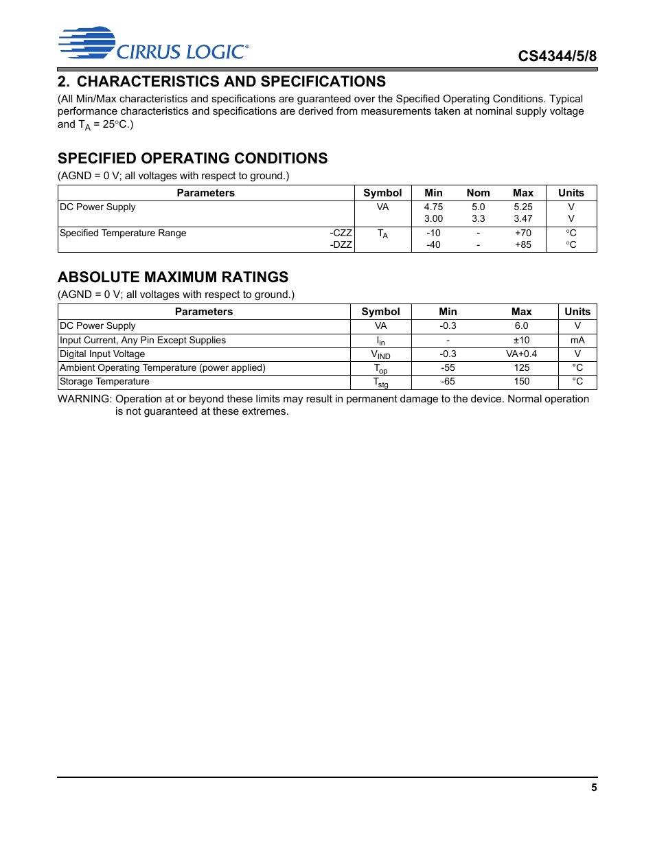 Characteristics and specifications, Specified operating conditions, Absolute maximum ratings | Cirrus Logic CS4348 User Manual | Page 5 / 24