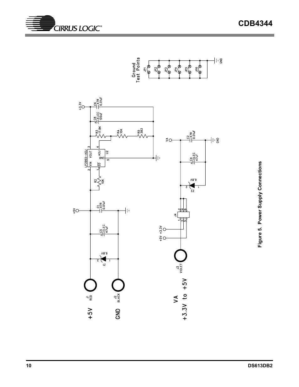 Figure 5. power supply connections, Cdb4344 | Cirrus Logic CDB4344 User Manual | Page 10 / 14