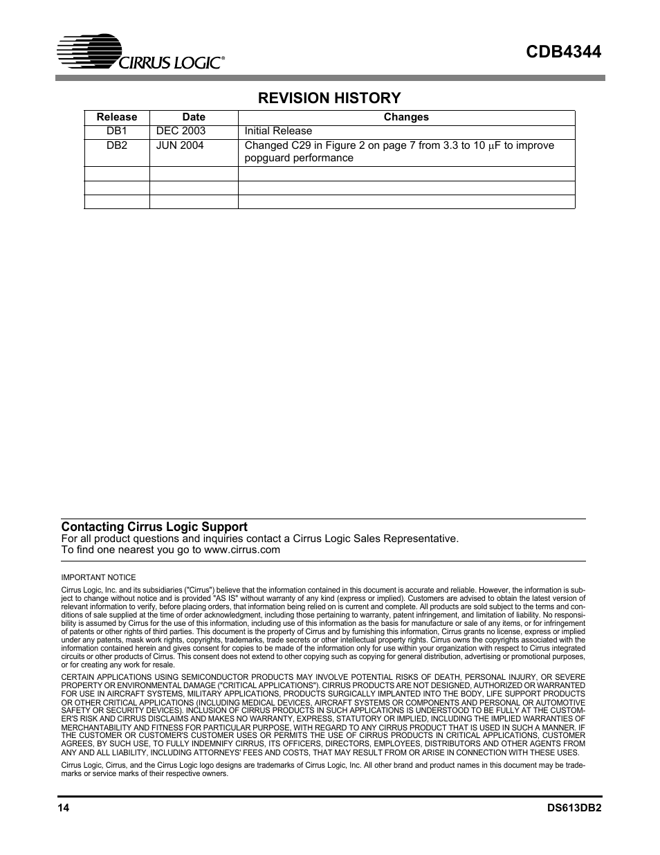 Cdb4344, Revision history, Contacting cirrus logic support | Cirrus Logic CDB4344 User Manual | Page 14 / 14