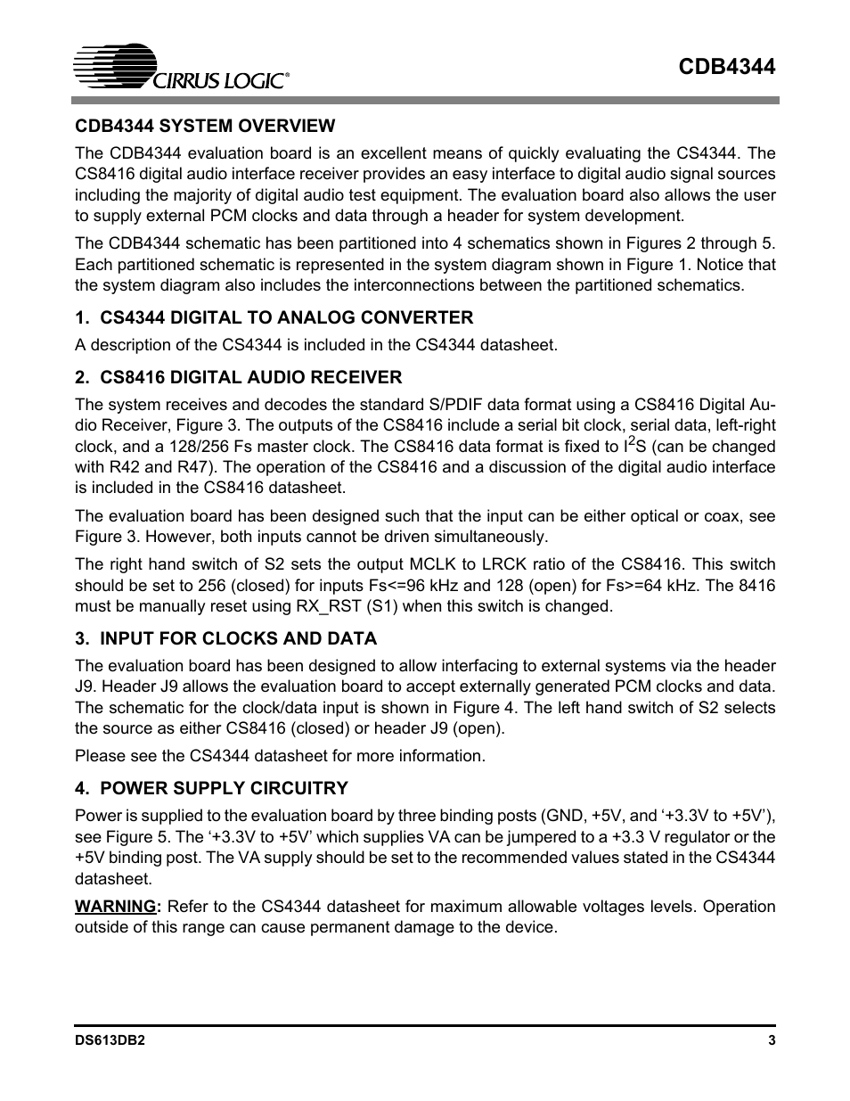 Cs4344 digital to analog converter, Cs8416 digital audio receiver, Input for clocks and data | Power supply circuitry, Cdb4344 | Cirrus Logic CDB4344 User Manual | Page 3 / 14