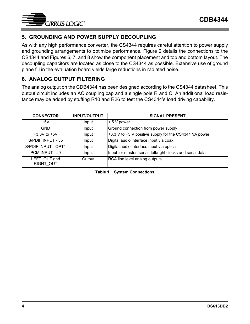 Grounding and power supply decoupling, Analog output filtering, Cdb4344 | Cirrus Logic CDB4344 User Manual | Page 4 / 14