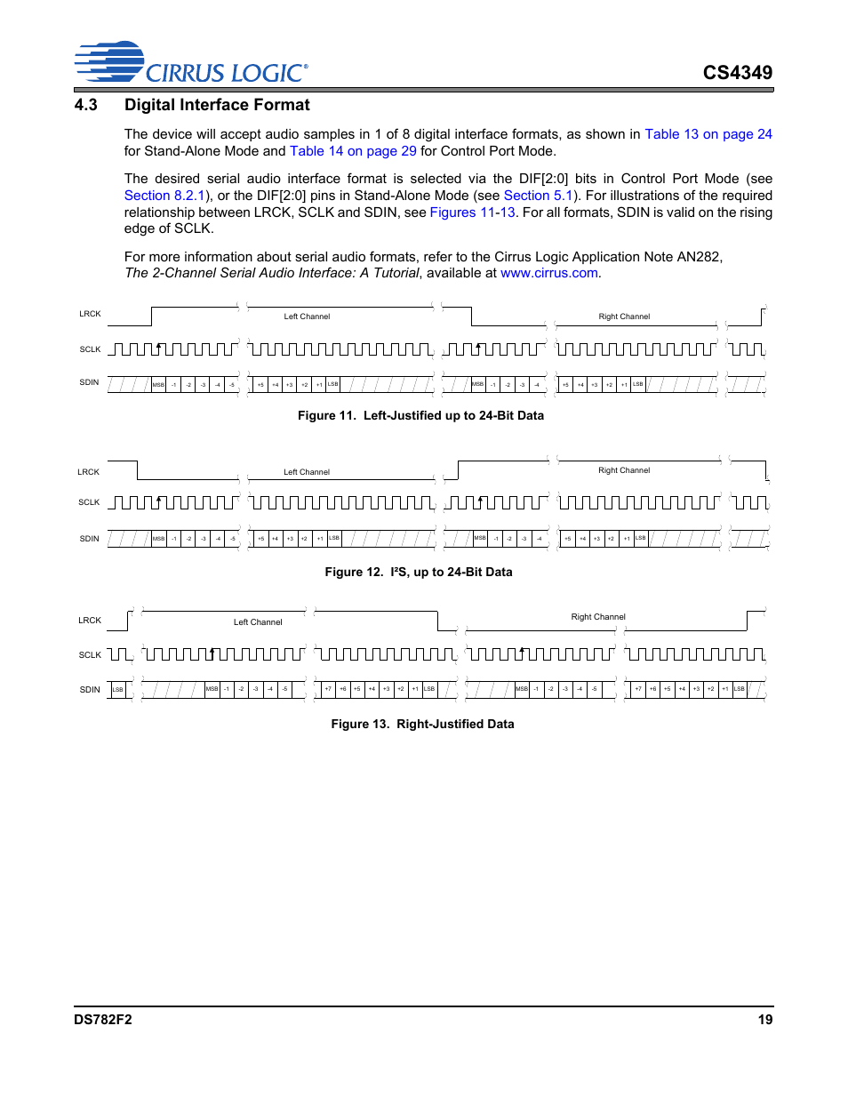 3 digital interface format, Figure 11. left-justified up to 24-bit data, Figure 12. i²s, up to 24-bit data | Figure 13. right-justified data, Refer to, Section 4.3, Cs4349 | Cirrus Logic CS4349 User Manual | Page 19 / 39