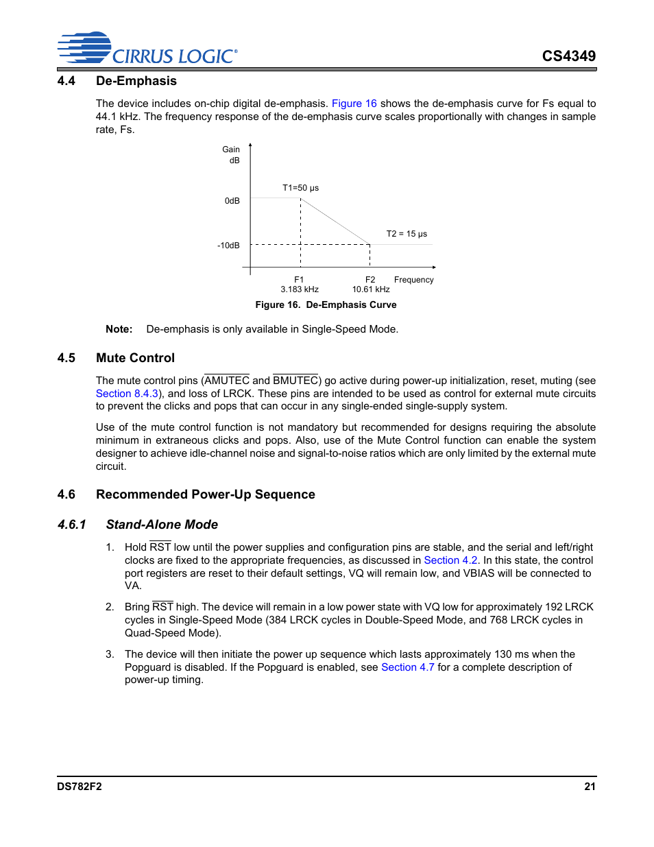 4 de-emphasis, Figure 16. de-emphasis curve, 5 mute control | 6 recommended power-up sequence, 1 stand-alone mode, Cs4349 | Cirrus Logic CS4349 User Manual | Page 21 / 39