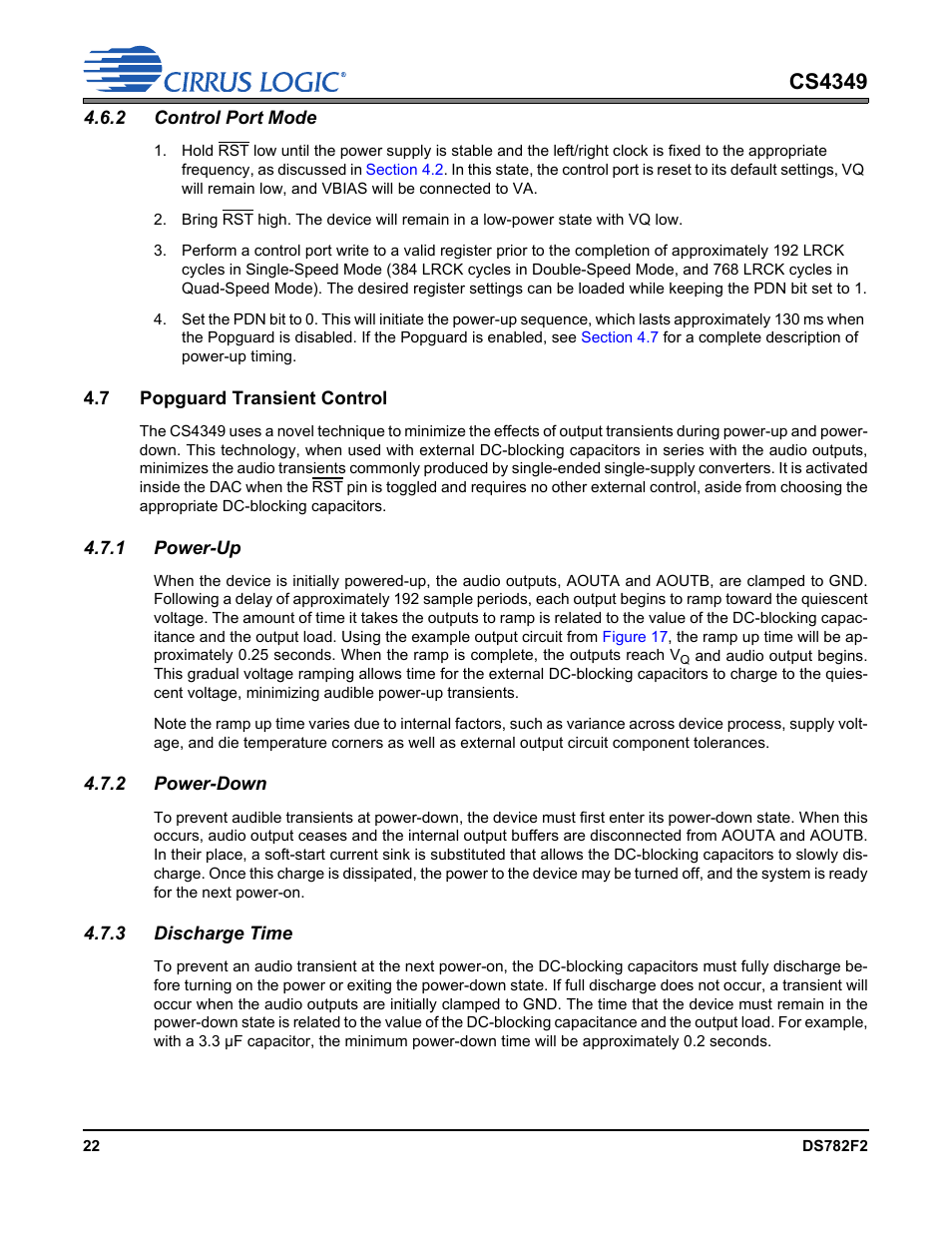 2 control port mode, 7 popguard transient control, 1 power-up | 2 power-down, 3 discharge time, 1 power-up 4.7.2 power-down 4.7.3 discharge time, Led, see, Section 4.7, Cs4349 | Cirrus Logic CS4349 User Manual | Page 22 / 39