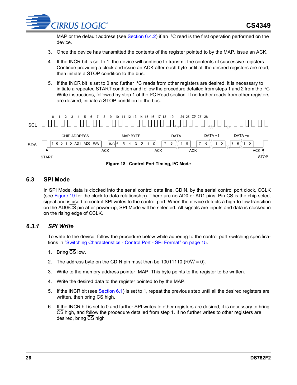 Figure 18. control port timing, i²c mode, 3 spi mode, 1 spi write | Figure 18, Cs4349 | Cirrus Logic CS4349 User Manual | Page 26 / 39