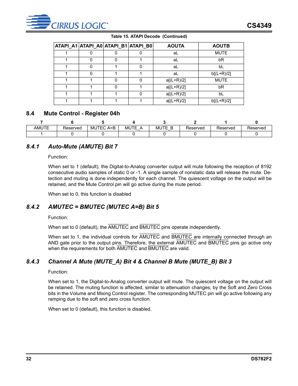 4 mute control - register 04h, 1 auto-mute (amute) bit 7, 2 amutec = bmutec (mutec a=b) bit 5 | Section 8.4.3, Cs4349 | Cirrus Logic CS4349 User Manual | Page 32 / 39