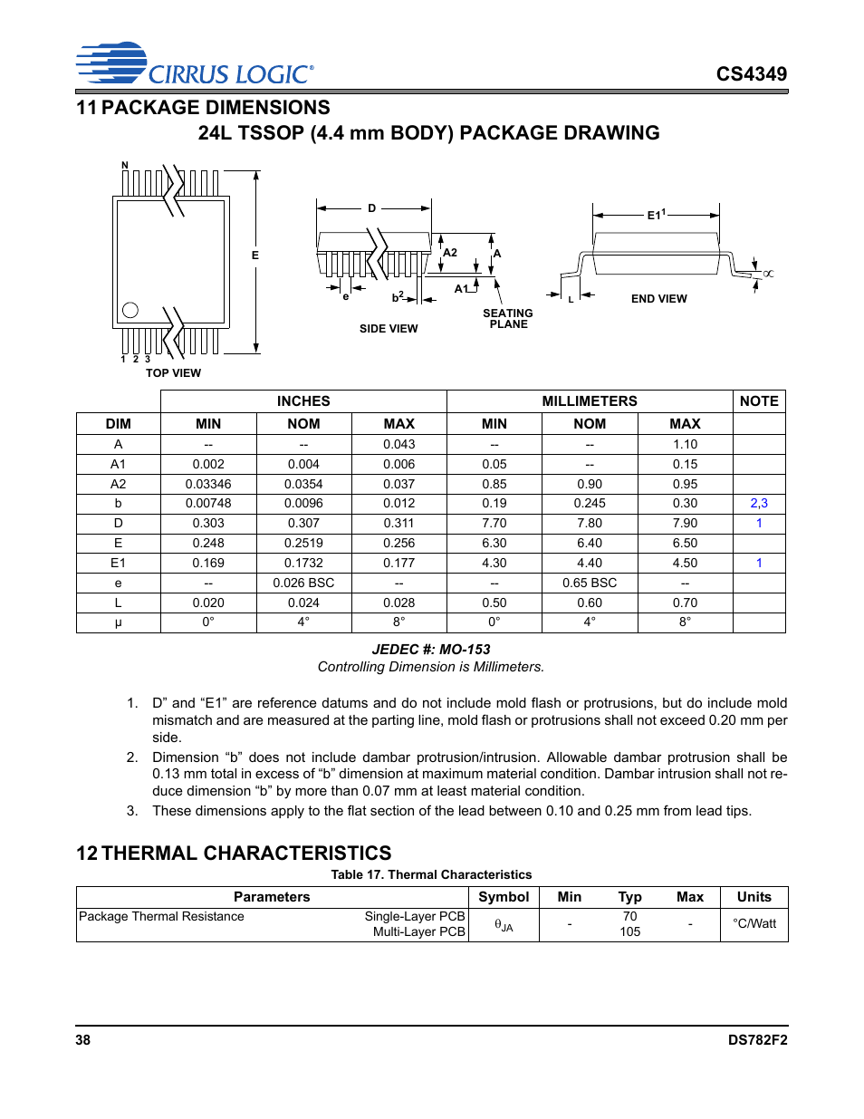 11 package dimensions, 12 thermal characteristics, Table 17. thermal characteristics | 11 package dimensions 12 thermal characteristics, 24l tssop (4.4 mm body) package drawing | Cirrus Logic CS4349 User Manual | Page 38 / 39