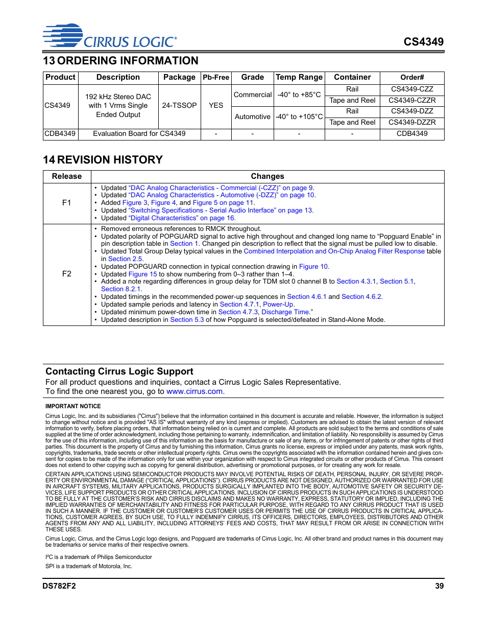 13 ordering information, 14 revision history, 13 ordering information 14 revision history | Contacting cirrus logic support | Cirrus Logic CS4349 User Manual | Page 39 / 39