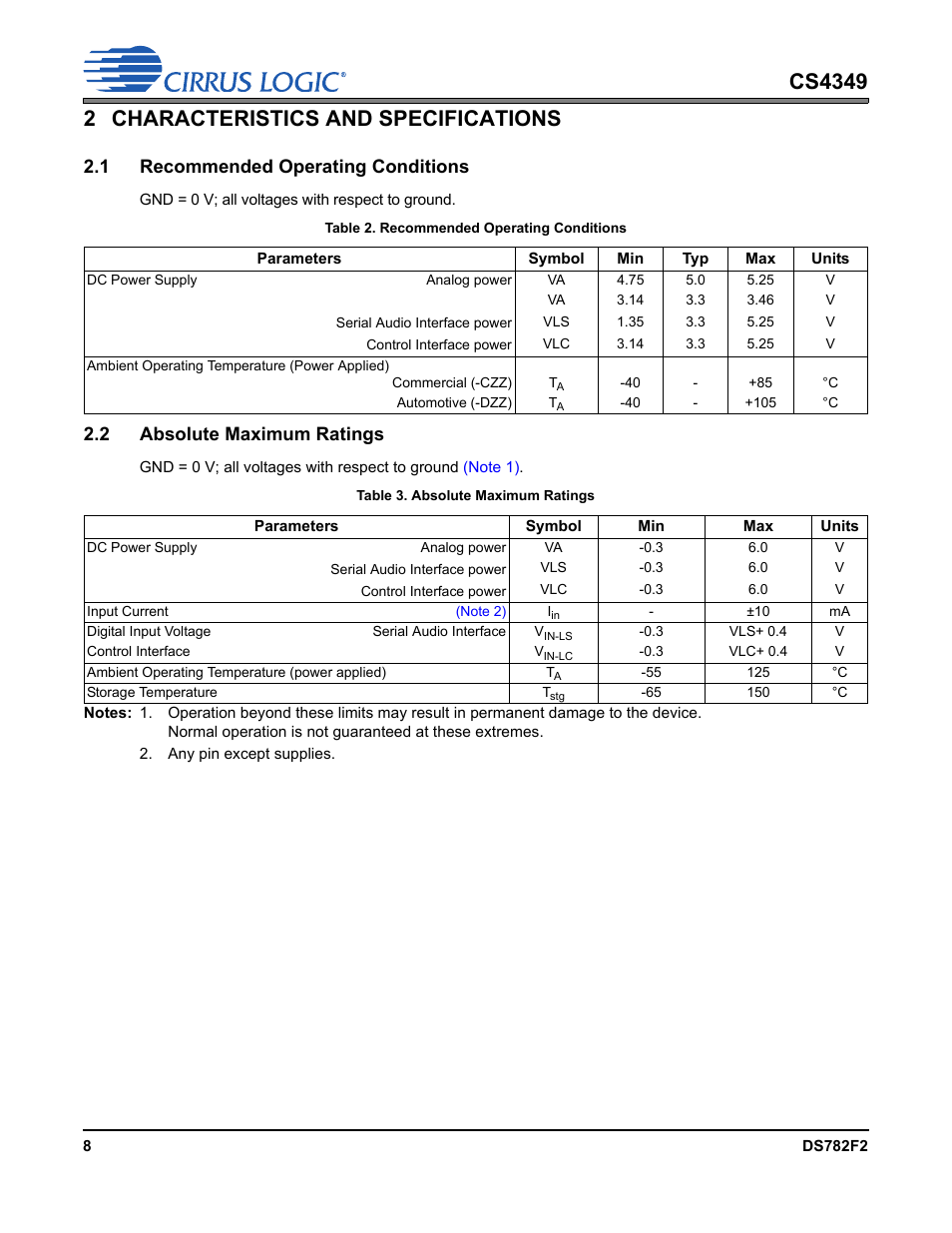 2 characteristics and specifications, 1 recommended operating conditions, Table 2. recommended operating conditions | 2 absolute maximum ratings, Table 3. absolute maximum ratings | Cirrus Logic CS4349 User Manual | Page 8 / 39