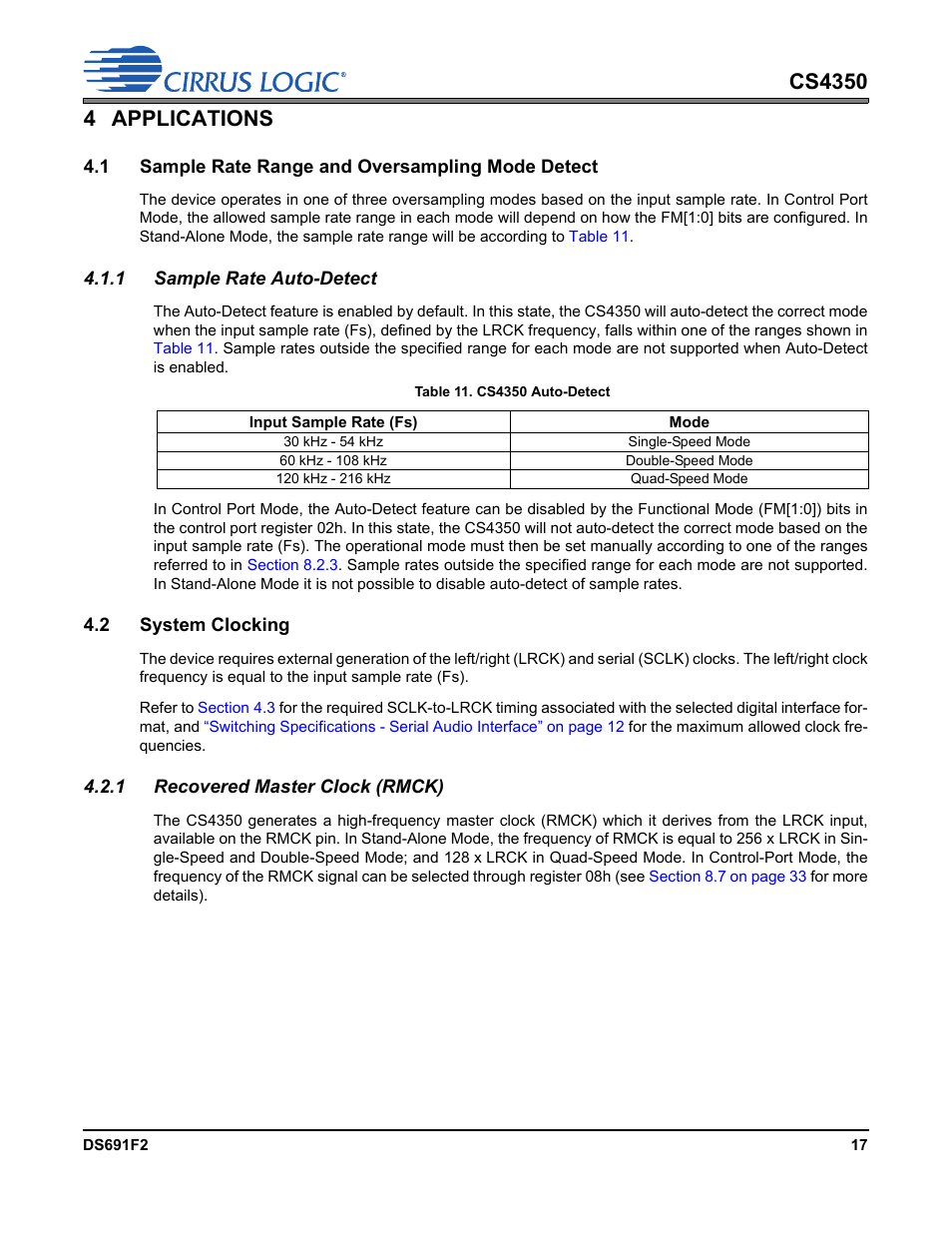 4 applications, 1 sample rate range and oversampling mode detect, 1 sample rate auto-detect | Table 11. cs4350 auto-detect, 2 system clocking, 1 recovered master clock (rmck), Section 4.1, Section 4.2 | Cirrus Logic CS4350 User Manual | Page 17 / 38