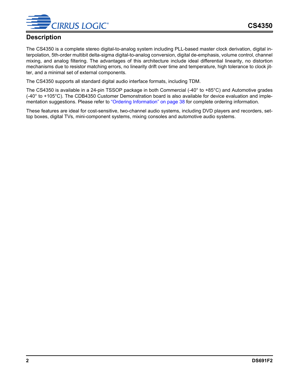 Cs4350, Description | Cirrus Logic CS4350 User Manual | Page 2 / 38