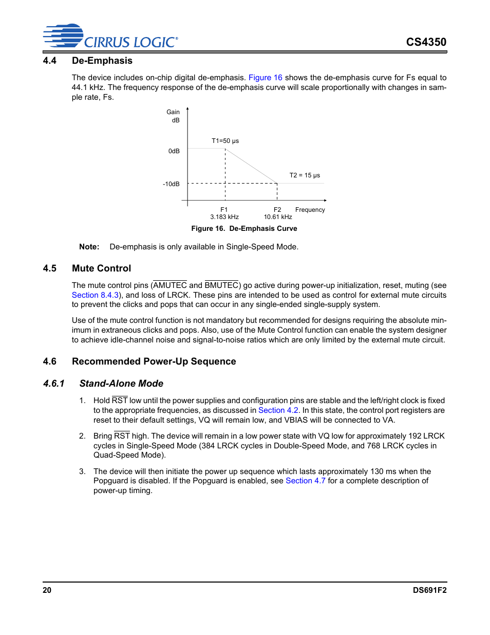 4 de-emphasis, Figure 16. de-emphasis curve, 5 mute control | 6 recommended power-up sequence, 1 stand-alone mode, Cs4350 | Cirrus Logic CS4350 User Manual | Page 20 / 38