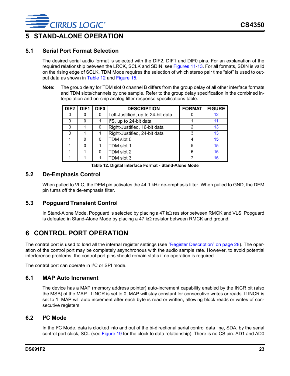 5 stand-alone operation, 1 serial port format selection, 2 de-emphasis control | 3 popguard transient control, 6 control port operation, 1 map auto increment, 2 i²c mode, 1 map auto increment 6.2 i²c mode, Section 5.1 | Cirrus Logic CS4350 User Manual | Page 23 / 38