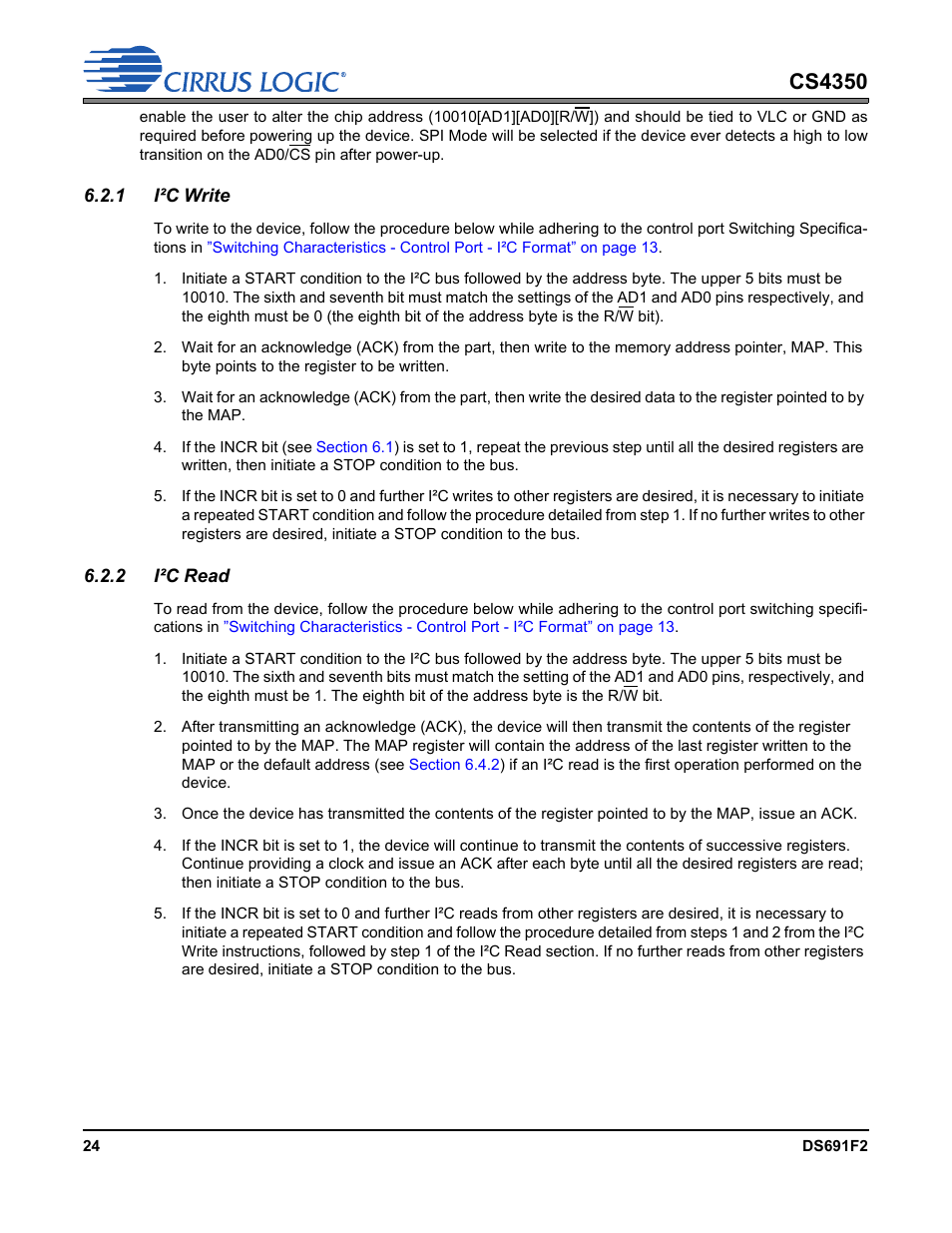 1 i²c write, 2 i²c read, 1 i²c write 6.2.2 i²c read | Cs4350 | Cirrus Logic CS4350 User Manual | Page 24 / 38