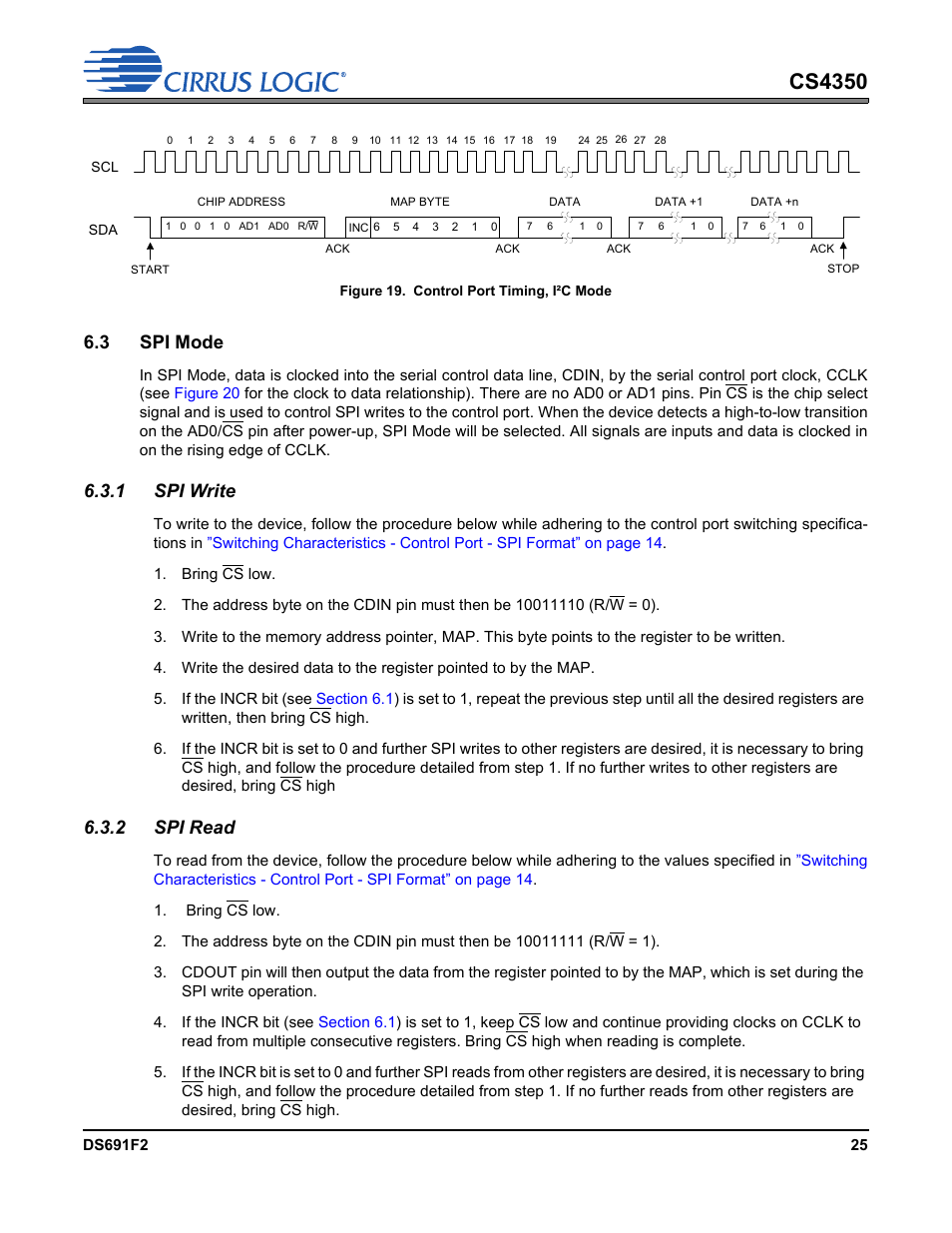 Figure 19. control port timing, i²c mode, 3 spi mode, 1 spi write | 2 spi read, 1 spi write 6.3.2 spi read, Figure 19, Cs4350 | Cirrus Logic CS4350 User Manual | Page 25 / 38