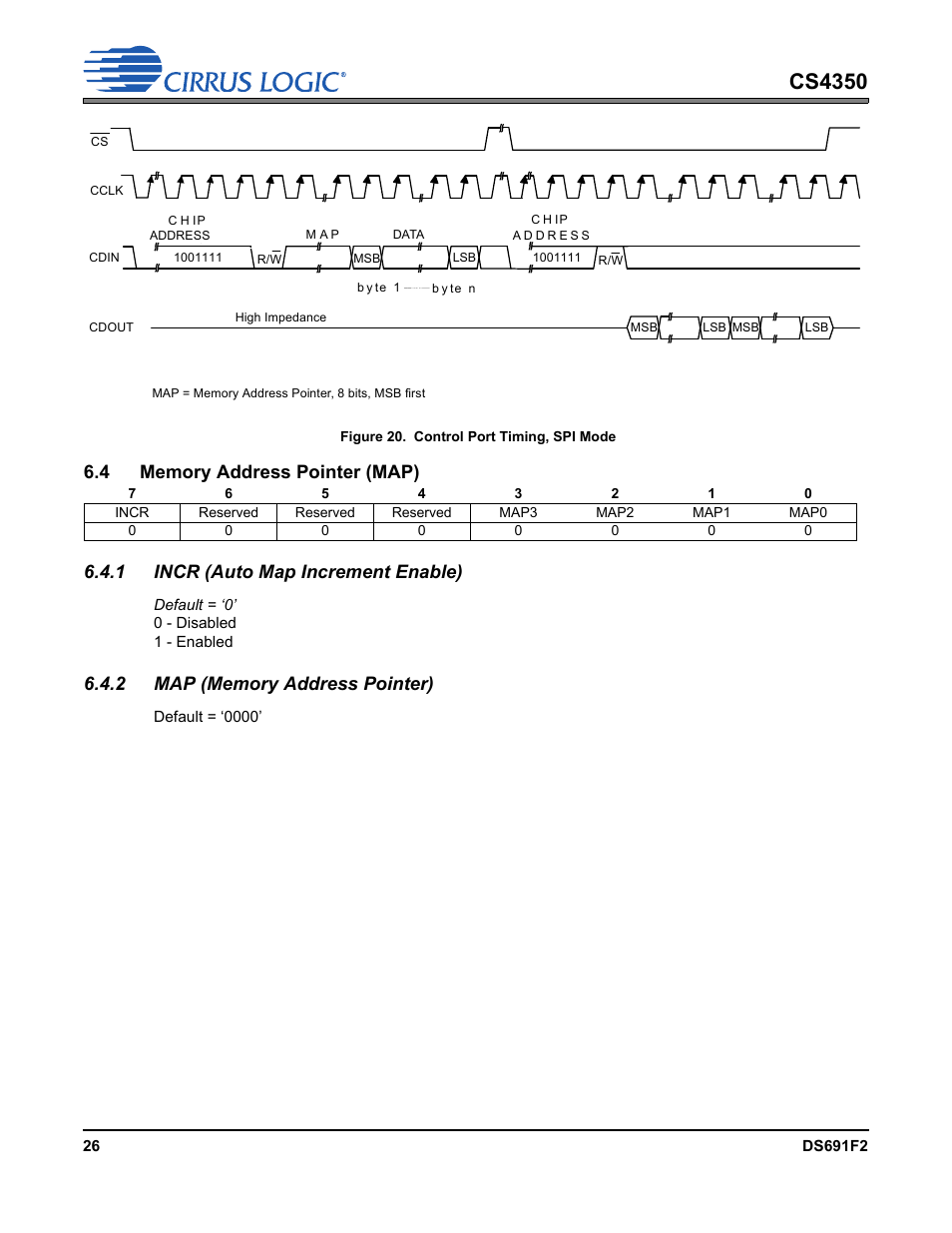 Figure 20. control port timing, spi mode, 4 memory address pointer (map), 1 incr (auto map increment enable) | 2 map (memory address pointer), Section 6.4.2, Figure 20, Cs4350 | Cirrus Logic CS4350 User Manual | Page 26 / 38