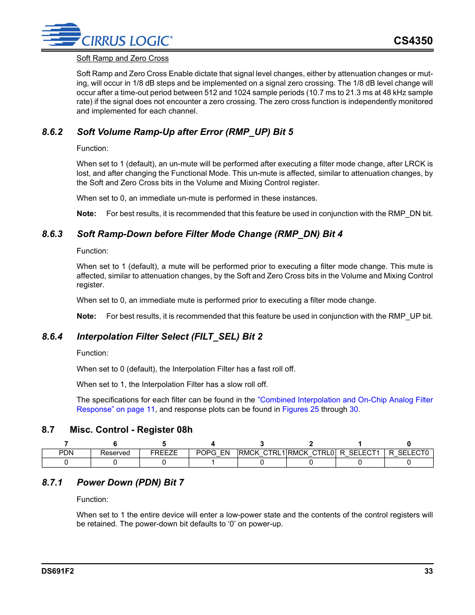 2 soft volume ramp-up after error (rmp_up) bit 5, 4 interpolation filter select (filt_sel) bit 2, 7 misc. control - register 08h | 1 power down (pdn) bit 7, Cs4350 | Cirrus Logic CS4350 User Manual | Page 33 / 38