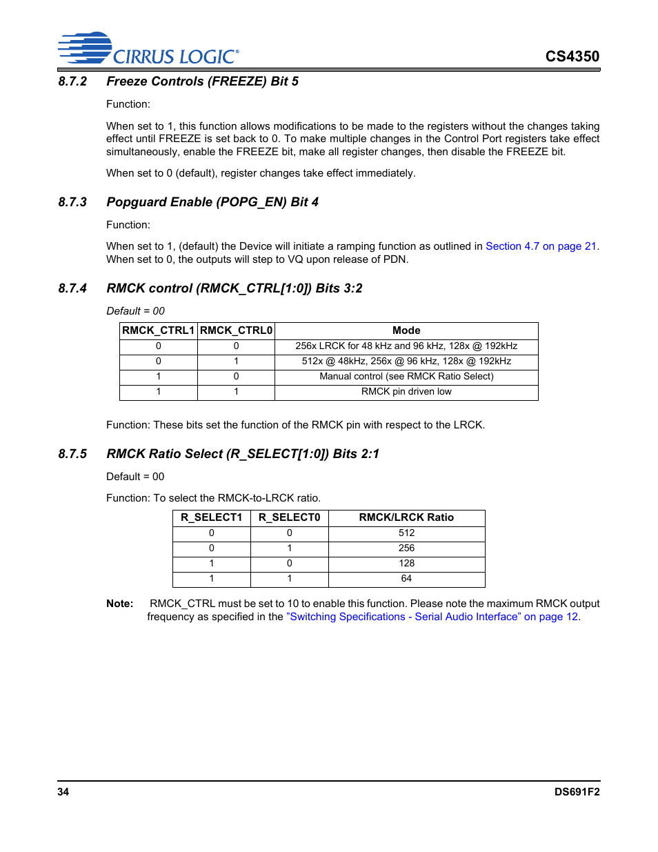 2 freeze controls (freeze) bit 5, 3 popguard enable (popg_en) bit 4, 4 rmck control (rmck_ctrl[1:0]) bits 3:2 | 5 rmck ratio select (r_select[1:0]) bits 2:1, Cs4350 | Cirrus Logic CS4350 User Manual | Page 34 / 38