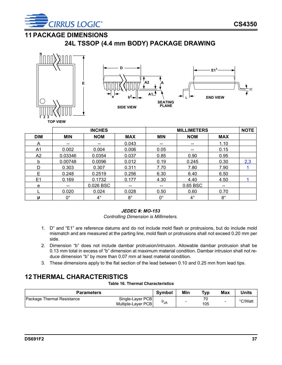 11 package dimensions, 12 thermal characteristics, Table 16. thermal characteristics | 11 package dimensions 12 thermal characteristics, 24l tssop (4.4 mm body) package drawing | Cirrus Logic CS4350 User Manual | Page 37 / 38