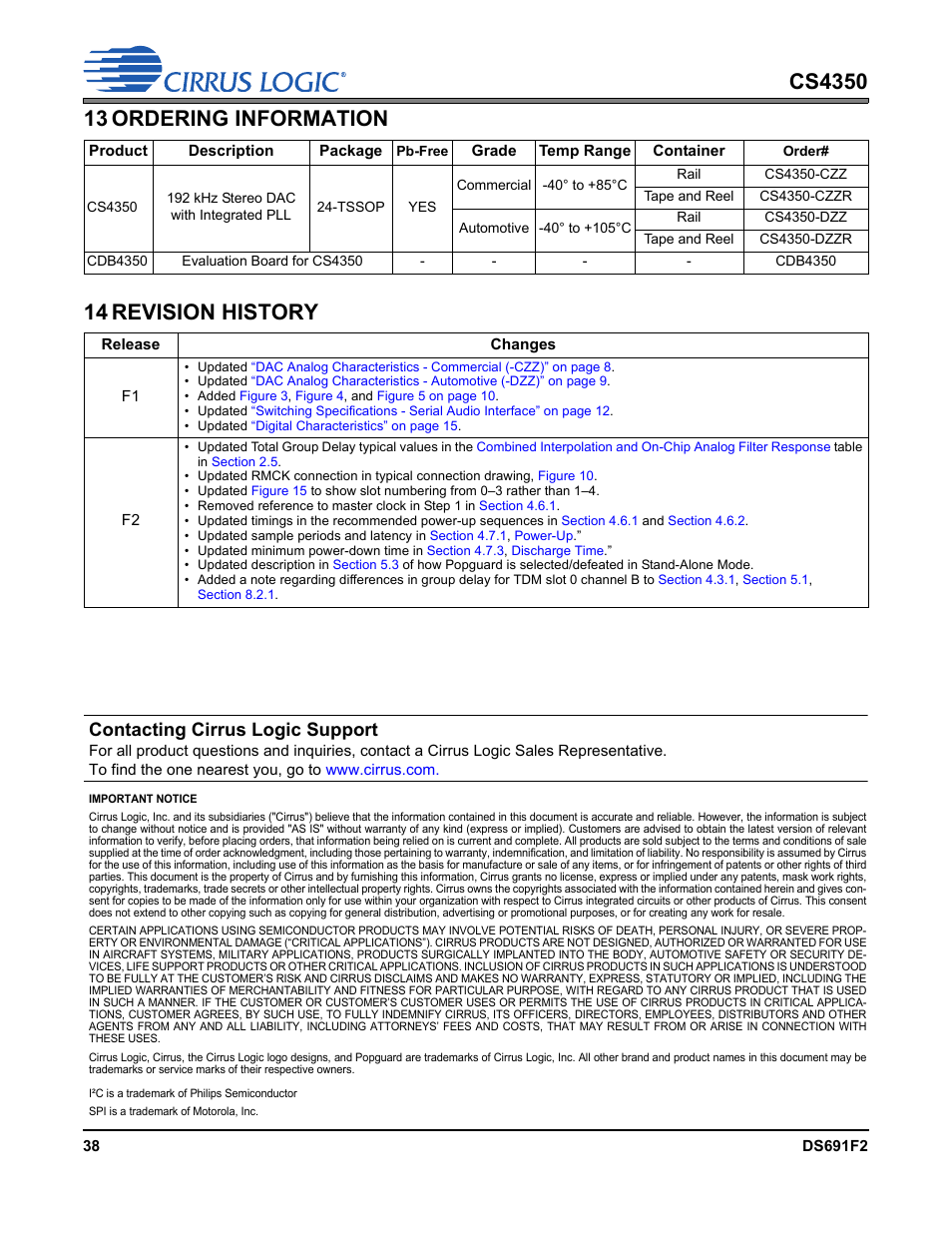 13 ordering information, 14 revision history, 13 ordering information 14 revision history | Contacting cirrus logic support | Cirrus Logic CS4350 User Manual | Page 38 / 38