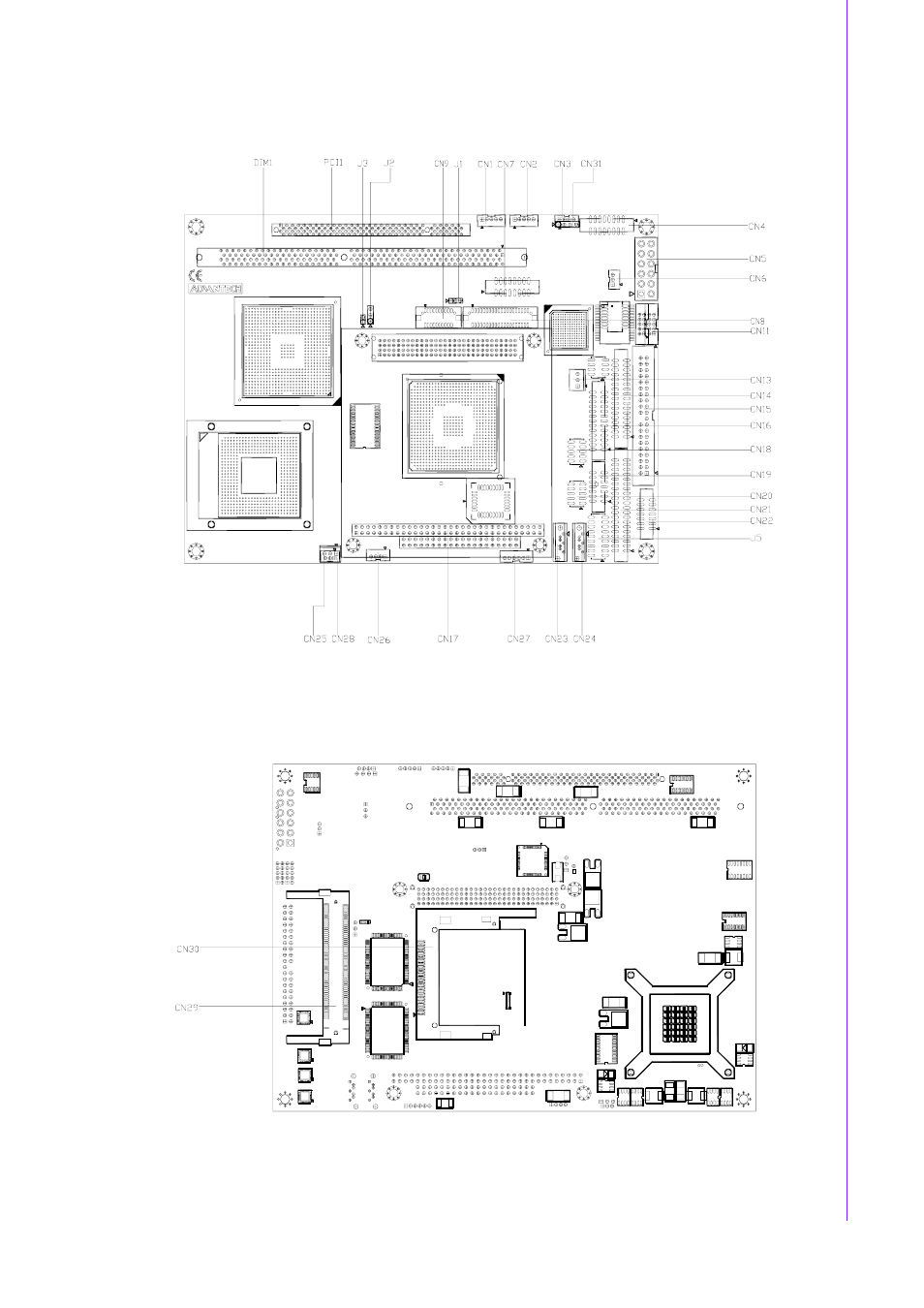 3 locating jumpers and connectors, Figure 2.1 jumper & connector (component side), Figure 2.2 jumper & connector (solder side) | Locating jumpers and connectors, Chapter 2 installation | Advantech INTEL PCM-9587 User Manual | Page 17 / 82