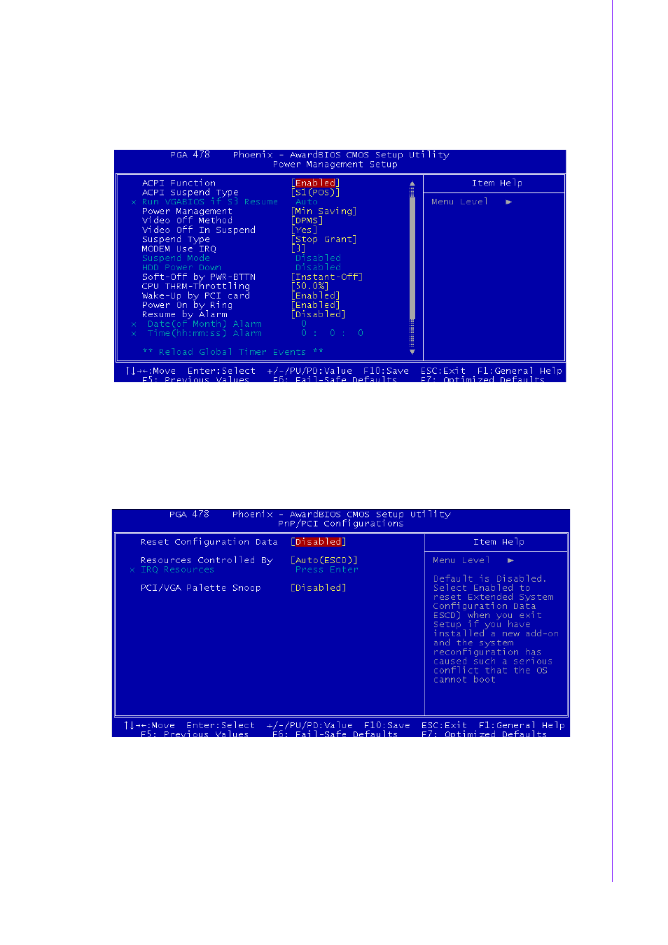 6 power management setup, Figure 4.6 power management setup, 7 pnp/pci configurations | Figure 4.7 pnp/pci configurations, Chapter 4 a ward bios setup | Advantech INTEL PCM-9587 User Manual | Page 33 / 82
