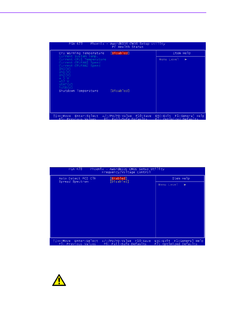 8 pc health status, Figure 4.8 pc health status, 9 frequency/voltage control | Figure 4.9 frequency/voltage control, Pc health status figure 4.8 pc health status | Advantech INTEL PCM-9587 User Manual | Page 34 / 82