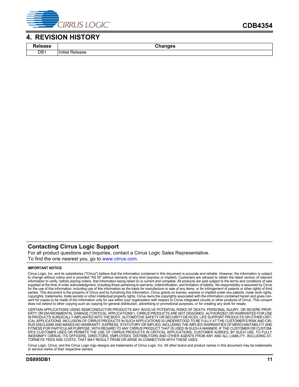 Revision history, Contacting cirrus logic support | Cirrus Logic CDB4354 User Manual | Page 11 / 11