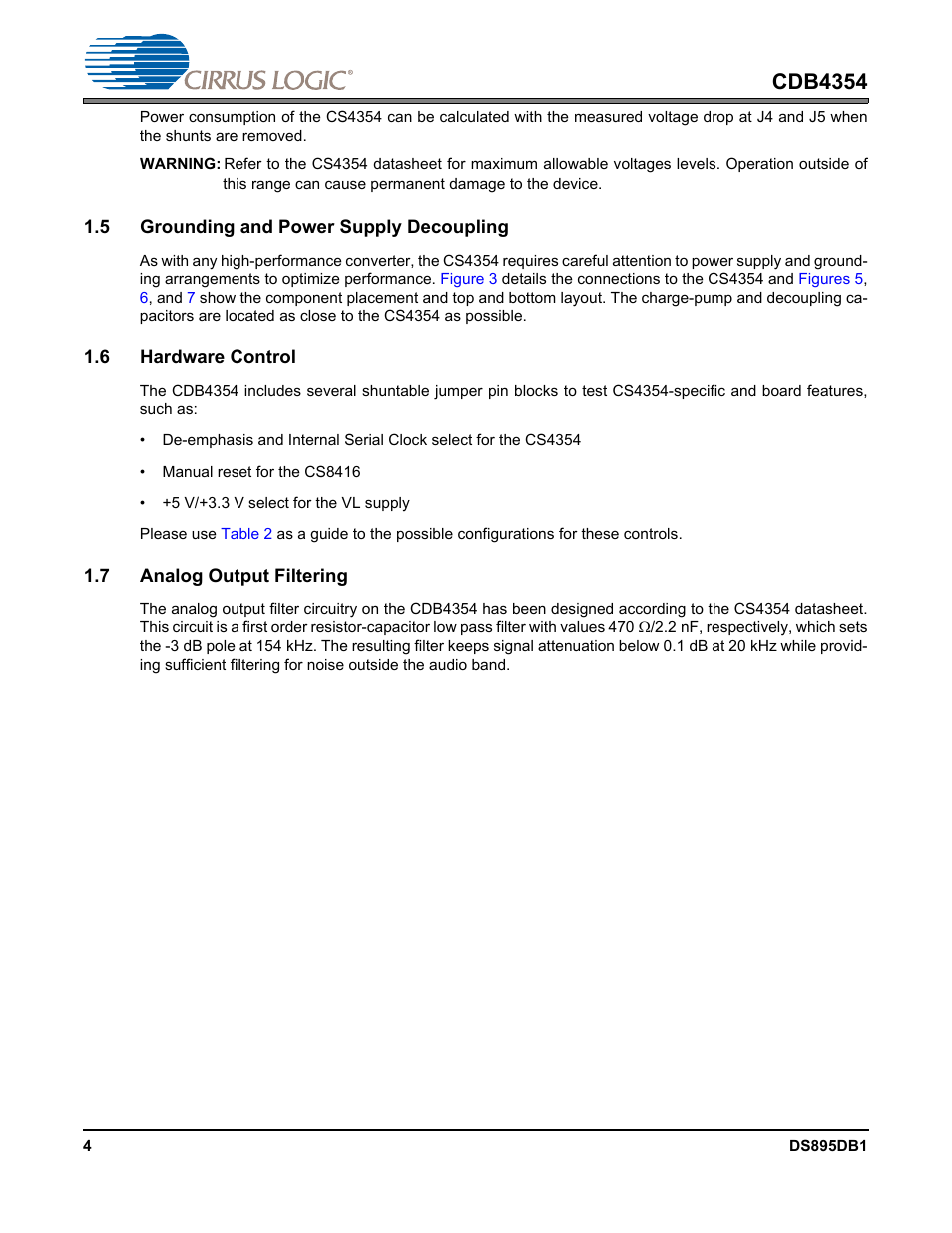 5 grounding and power supply decoupling, 6 hardware control, 7 analog output filtering | Cdb4354 | Cirrus Logic CDB4354 User Manual | Page 4 / 11