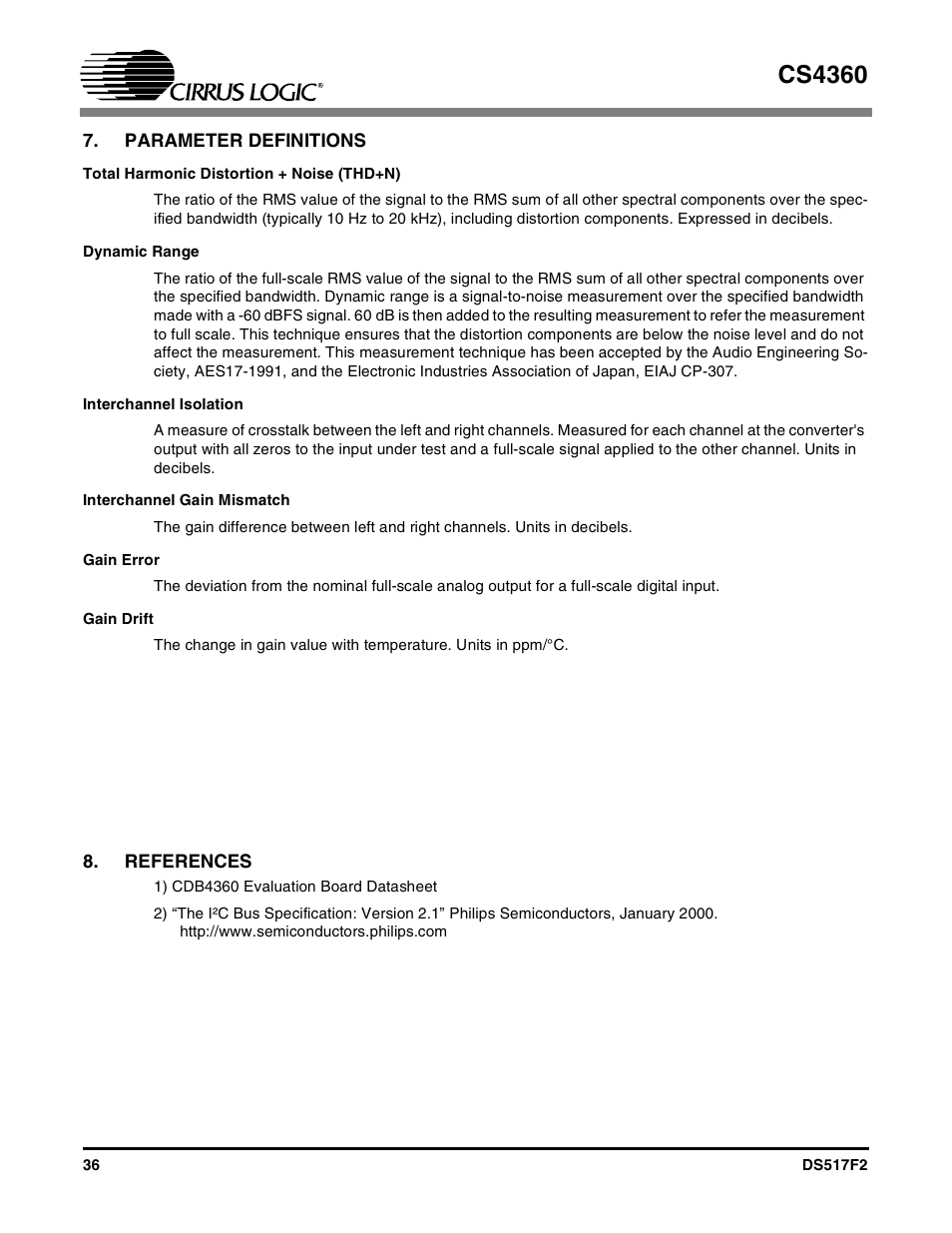 Parameter definitions, References, Cs4360 | Cirrus Logic CS4360 User Manual | Page 36 / 37
