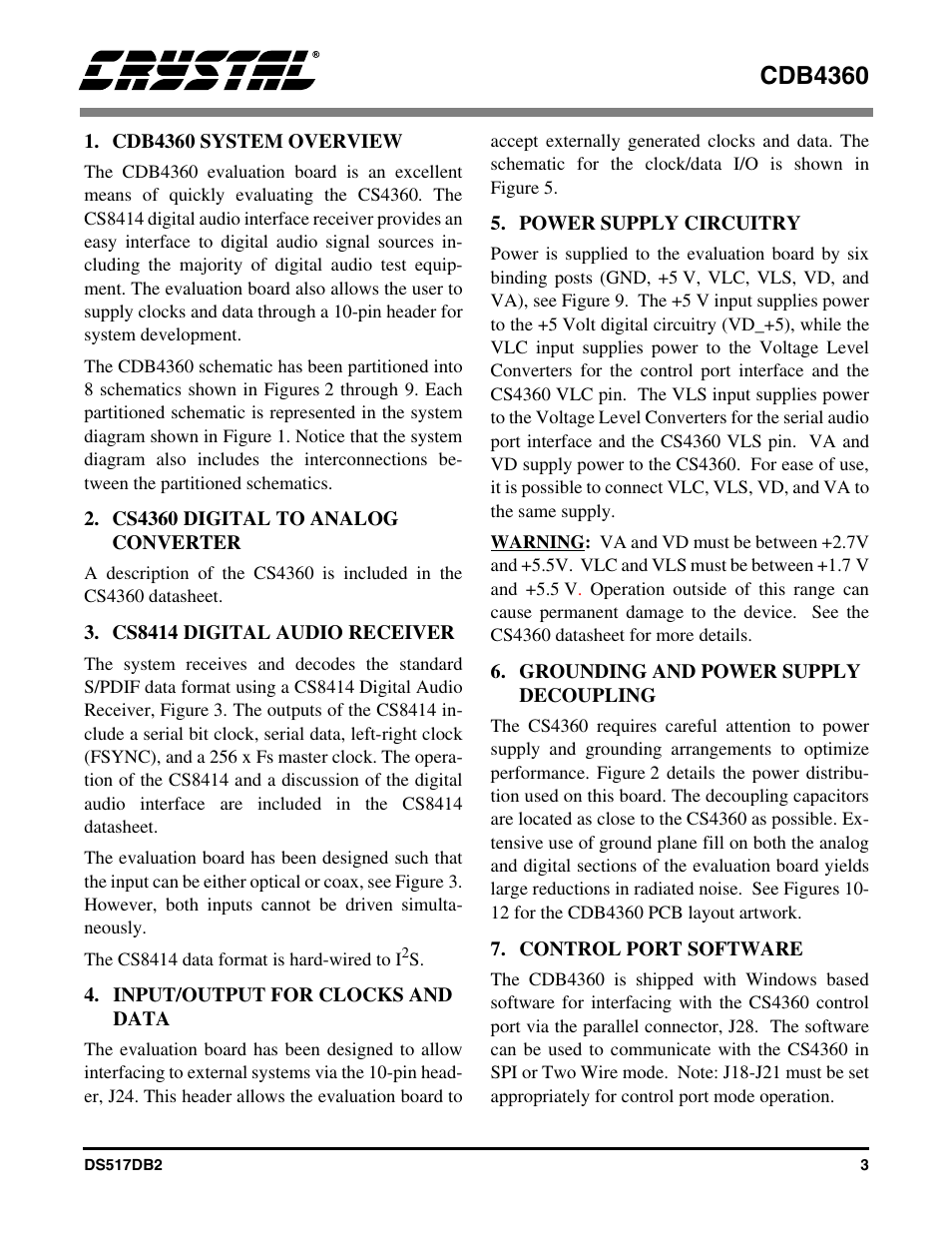 Cdb4360 system overview, Cs4360 digital to analog converter, Cs8414 digital audio receiver | Input/output for clocks and data, Power supply circuitry, Grounding and power supply decoupling, Control port software, Cdb4360 | Cirrus Logic CDB4360 User Manual | Page 3 / 18