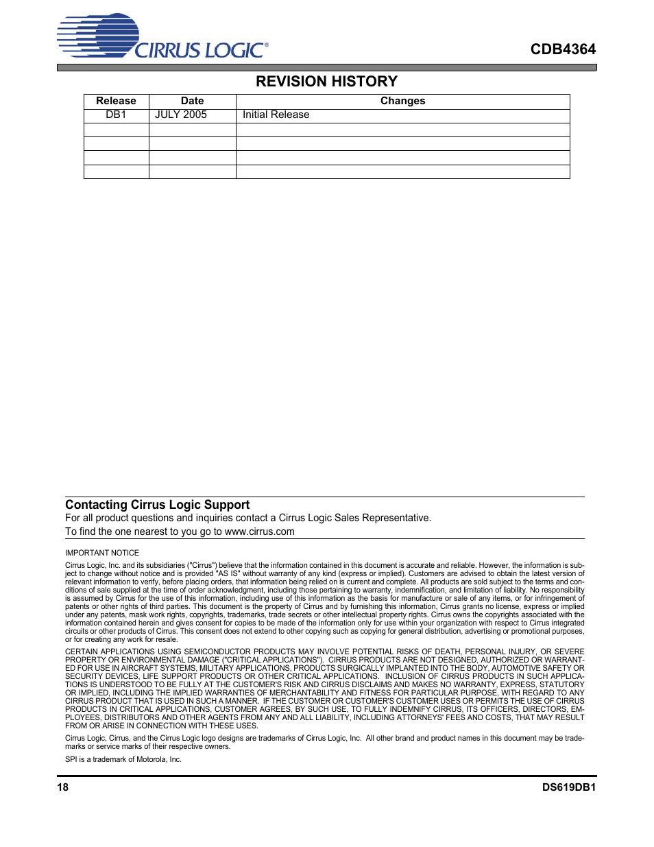 Cdb4364 revision history, Contacting cirrus logic support | Cirrus Logic CDB4364 User Manual | Page 18 / 18