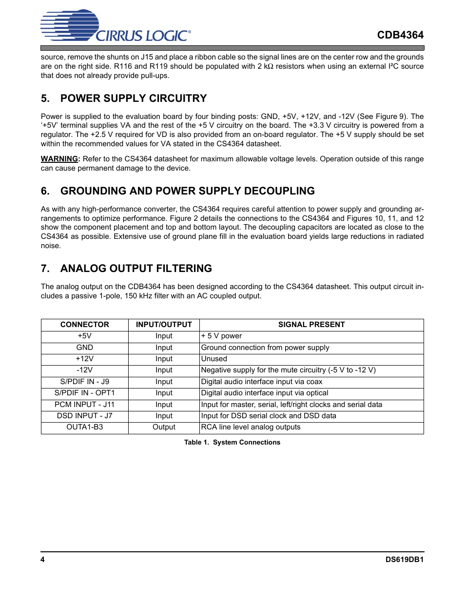  power supply circuitry,  grounding and power supply decoupling,  analog output filtering | Power supply circuitry, Grounding and power supply decoupling, Analog output filtering, Cdb4364 | Cirrus Logic CDB4364 User Manual | Page 4 / 18