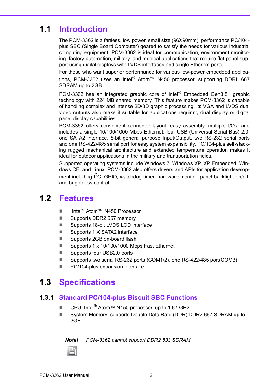 1 introduction, 2 features, 3 specifications | 1 standard pc/104-plus biscuit sbc functions, Introduction, Features, Specifications 1.3.1, Standard pc/104-plus biscuit sbc functions | Advantech PCM-3362 User Manual | Page 10 / 88