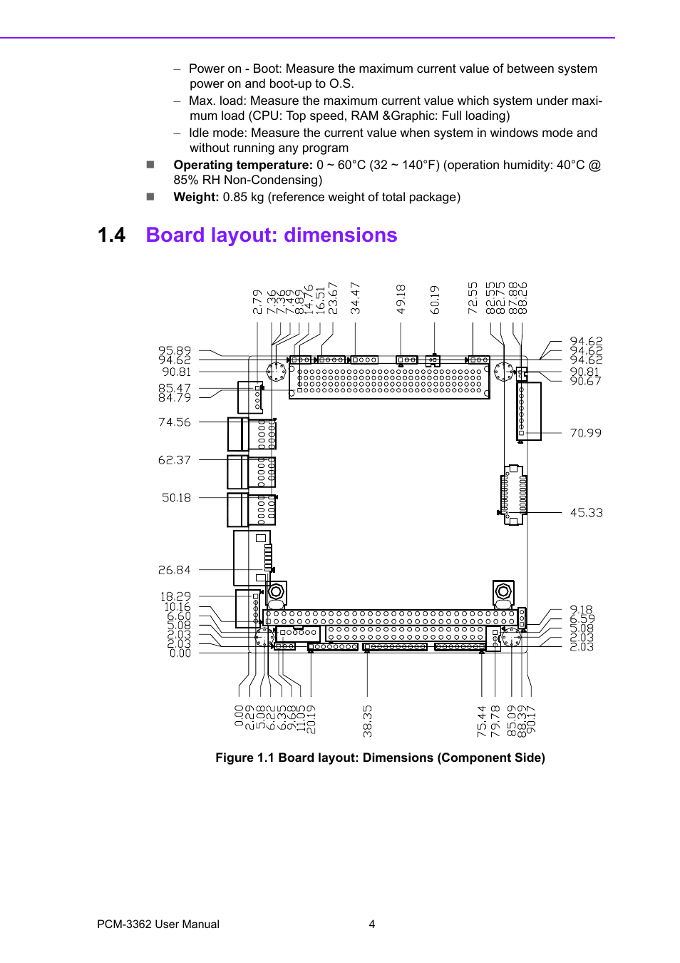 4 board layout: dimensions, Board layout: dimensions | Advantech PCM-3362 User Manual | Page 12 / 88