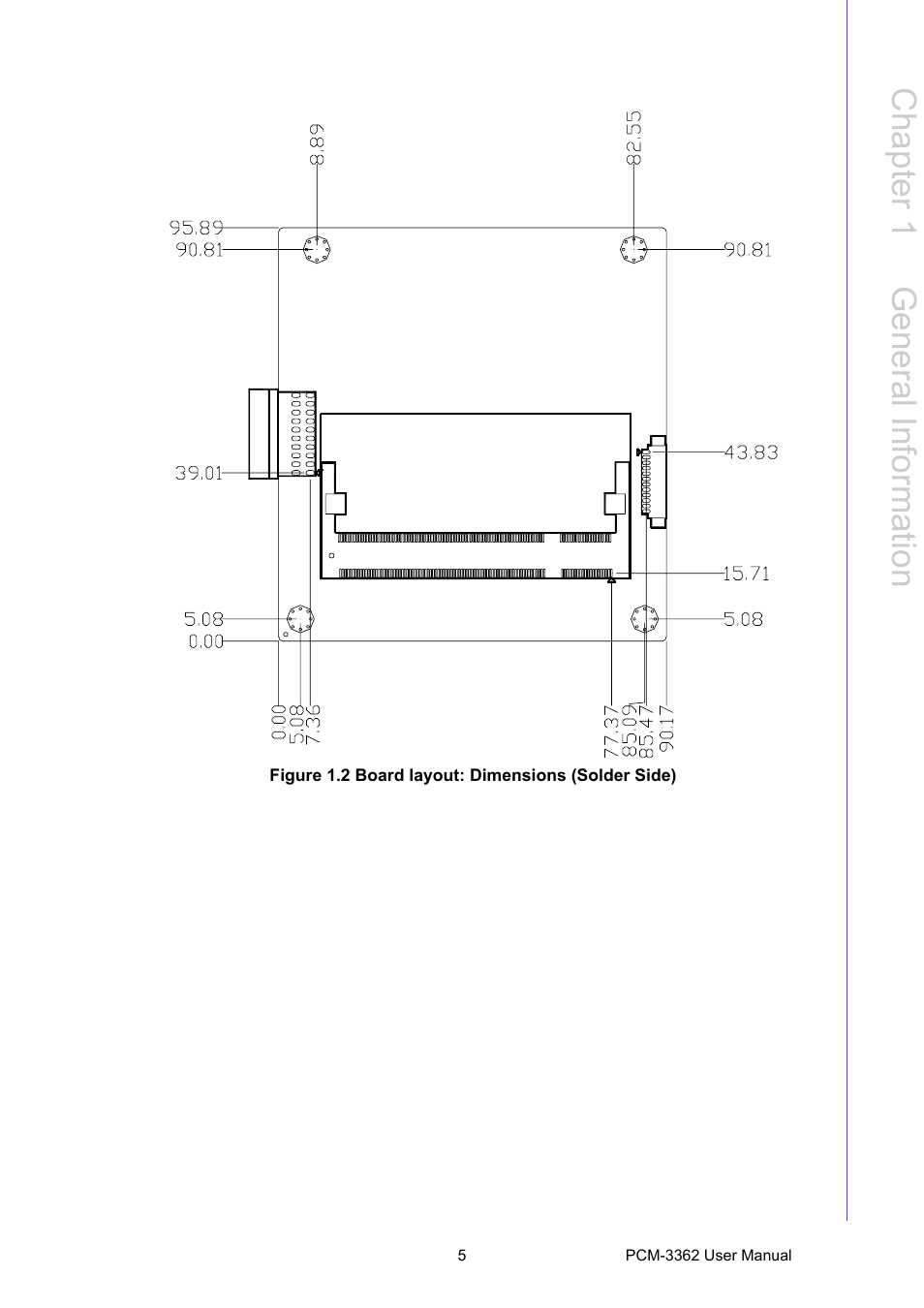 Figure 1.2 board layout: dimensions (solder side), Chapter 1 g eneral information | Advantech PCM-3362 User Manual | Page 13 / 88