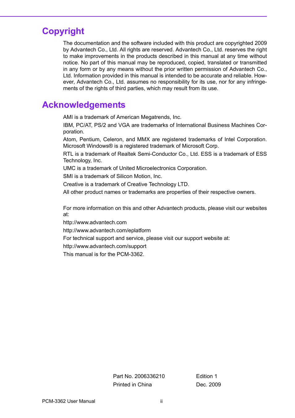 Copyright, Acknowledgements | Advantech PCM-3362 User Manual | Page 2 / 88