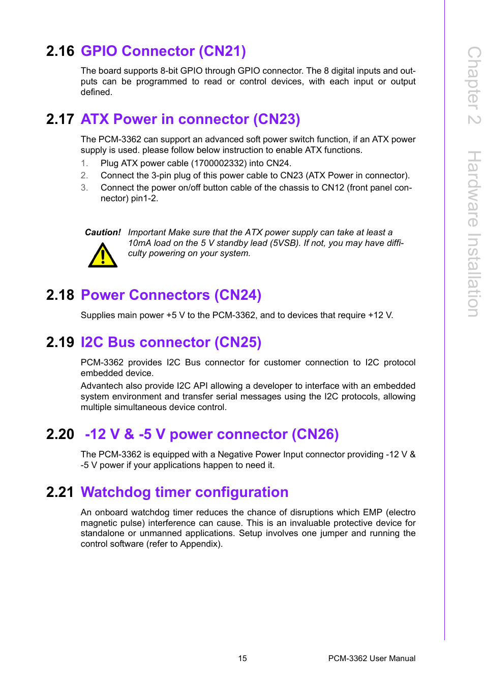 16 gpio connector (cn21), 17 atx power in connector (cn23), 18 power connectors (cn24) | 19 i2c bus connector (cn25), 20 -12 v & -5 v power connector (cn26), 21 watchdog timer configuration, Gpio connector (cn21), Atx power in connector (cn23), Power connectors (cn24), I2c bus connector (cn25) | Advantech PCM-3362 User Manual | Page 23 / 88