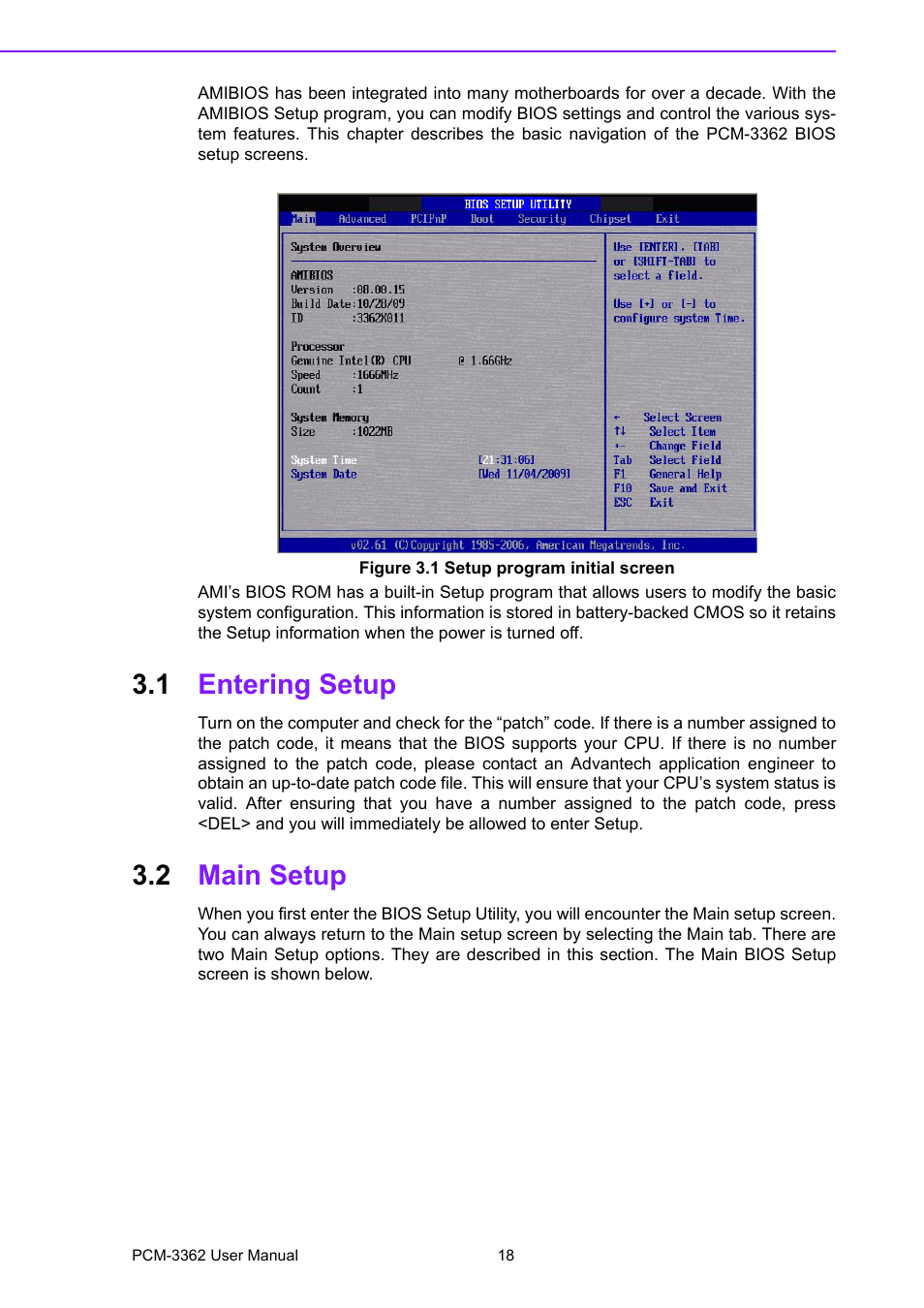 Figure 3.1 setup program initial screen, 1 entering setup, 2 main setup | Entering setup, Main setup | Advantech PCM-3362 User Manual | Page 26 / 88