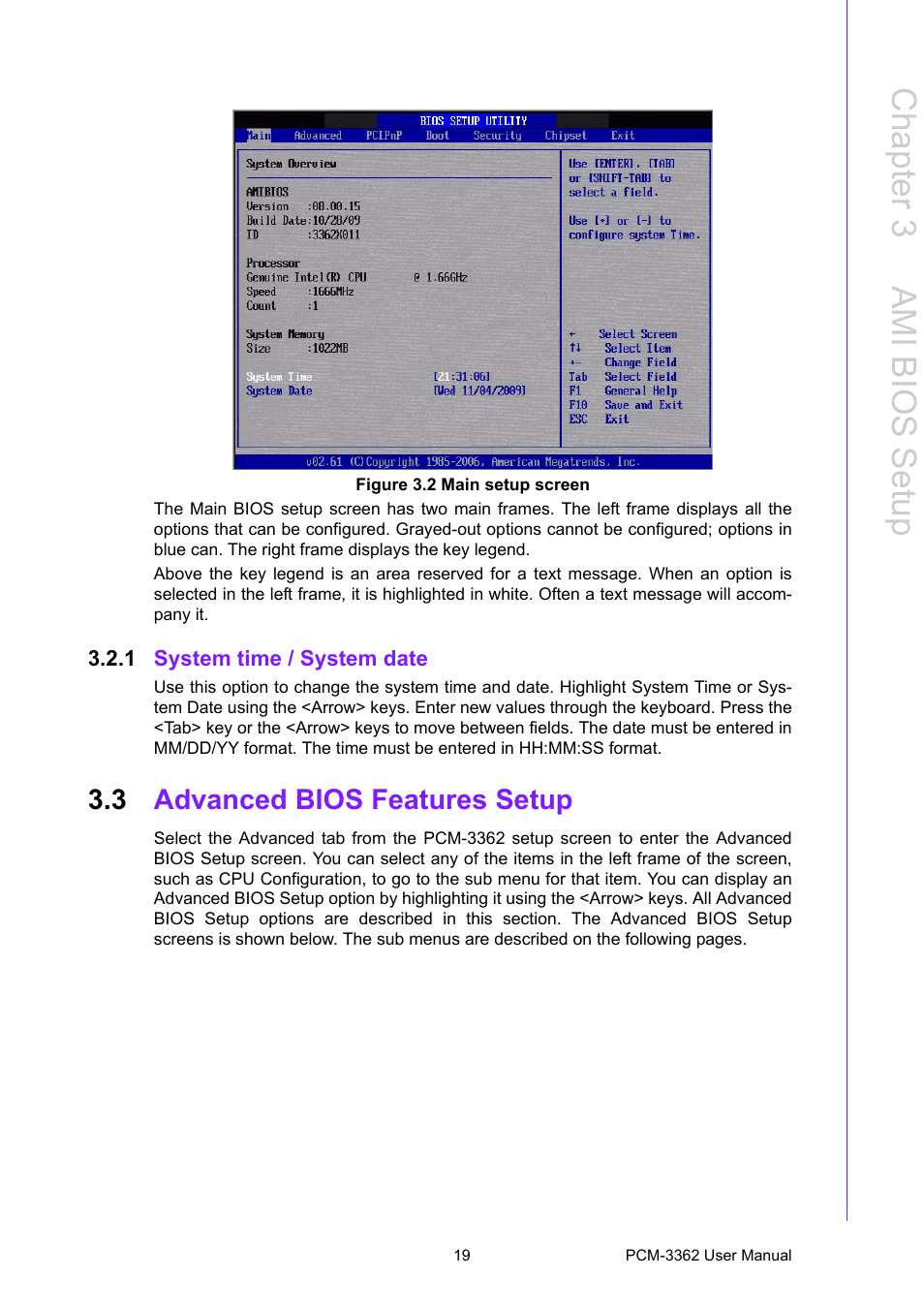Figure 3.2 main setup screen, 1 system time / system date, 3 advanced bios features setup | System time / system date, Advanced bios features setup, Chapter 3 a mi bios setup | Advantech PCM-3362 User Manual | Page 27 / 88