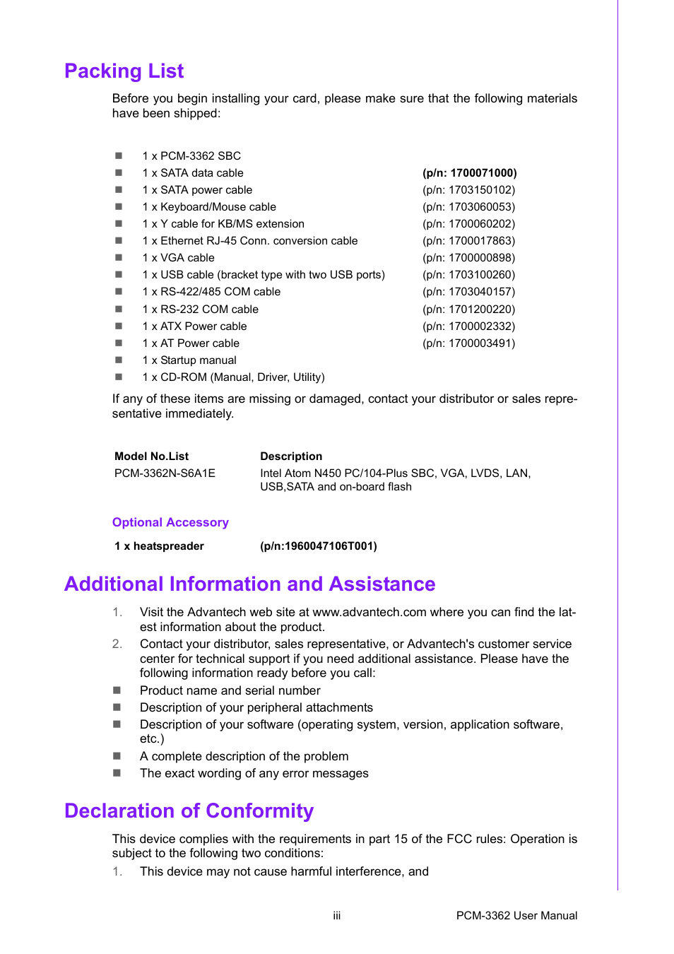 Packing list, Additional information and assistance, Declaration of conformity | Advantech PCM-3362 User Manual | Page 3 / 88