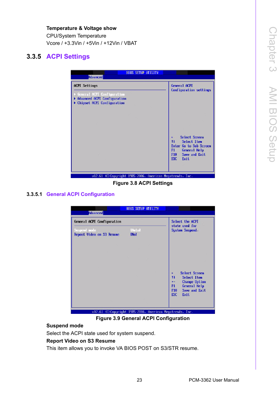 5 acpi settings, Figure 3.8 acpi settings, 1 general acpi configuration | Figure 3.9 general acpi configuration, Chapter 3 a mi bios setup | Advantech PCM-3362 User Manual | Page 31 / 88