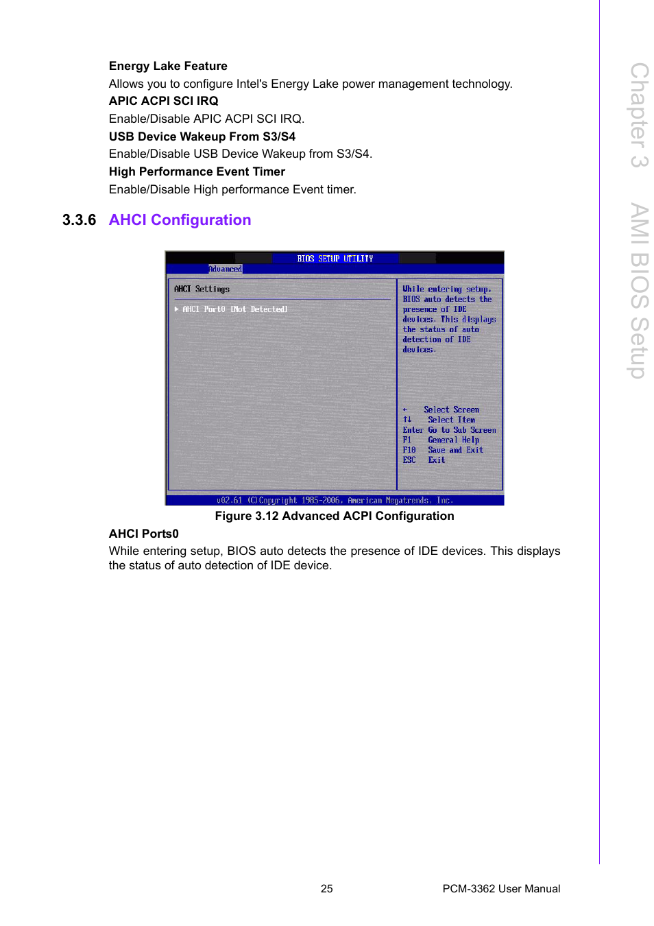 6 ahci configuration, Figure 3.12 advanced acpi configuration, Chapter 3 a mi bios setup | Advantech PCM-3362 User Manual | Page 33 / 88