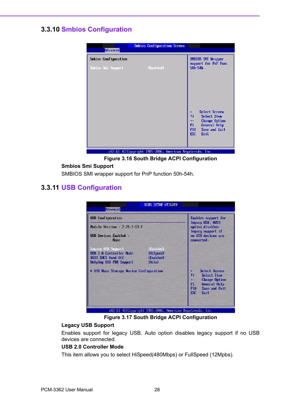 10 smbios configuration, Figure 3.16 south bridge acpi configuration, 11 usb configuration | Figure 3.17 south bridge acpi configuration, Figure 3.16south bridge acpi configuration, Figure 3.17south bridge acpi configuration | Advantech PCM-3362 User Manual | Page 36 / 88