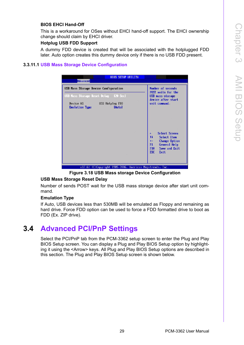 1 usb mass storage device configuration, Figure 3.18 usb mass storage device configuration, 4 advanced pci/pnp settings | Figure 3.18usb mass storage device configuration, Advanced pci/pnp settings, Chapter 3 a mi bios setup | Advantech PCM-3362 User Manual | Page 37 / 88