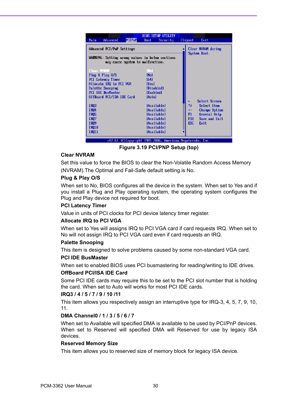 Figure 3.19 pci/pnp setup (top), Figure 3.19pci/pnp setup (top) | Advantech PCM-3362 User Manual | Page 38 / 88