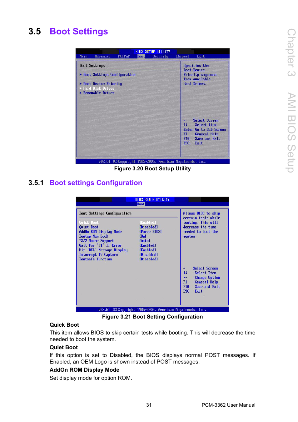 5 boot settings, Figure 3.20 boot setup utility, 1 boot settings configuration | Figure 3.21 boot setting configuration, Boot settings, Figure 3.20boot setup utility, Chapter 3 a mi bios setup | Advantech PCM-3362 User Manual | Page 39 / 88