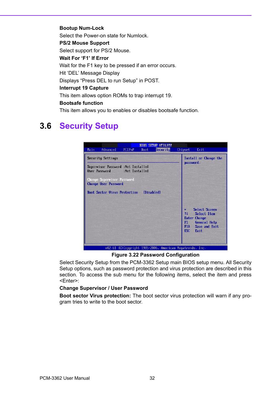 6 security setup, Figure 3.22 password configuration, Security setup | Figure 3.22password configuration | Advantech PCM-3362 User Manual | Page 40 / 88
