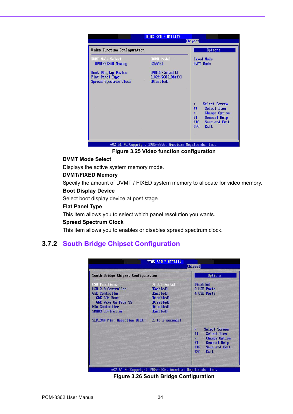 Figure 3.25 video function configuration, 2 south bridge chipset configuration, Figure 3.26 south bridge configuration | Figure 3.25video function configuration | Advantech PCM-3362 User Manual | Page 42 / 88