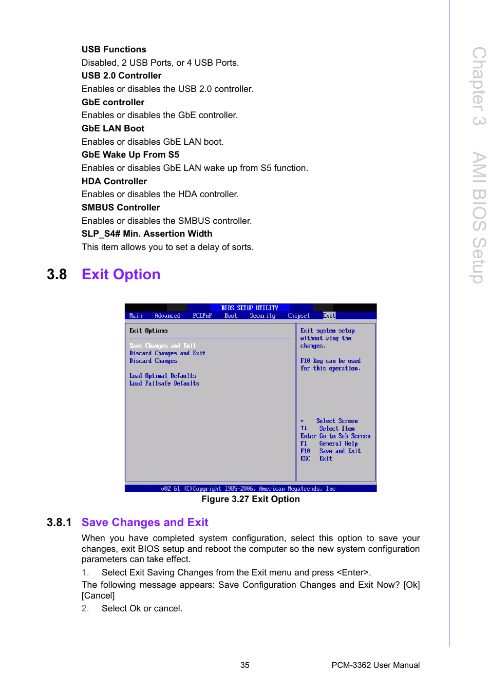 8 exit option, Figure 3.27 exit option, 1 save changes and exit | Exit option, Figure 3.27exit option, Save changes and exit, Chapter 3 a mi bios setup | Advantech PCM-3362 User Manual | Page 43 / 88